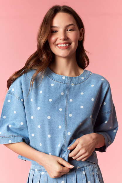 Courtney Dot Denim Boxy Crop Top