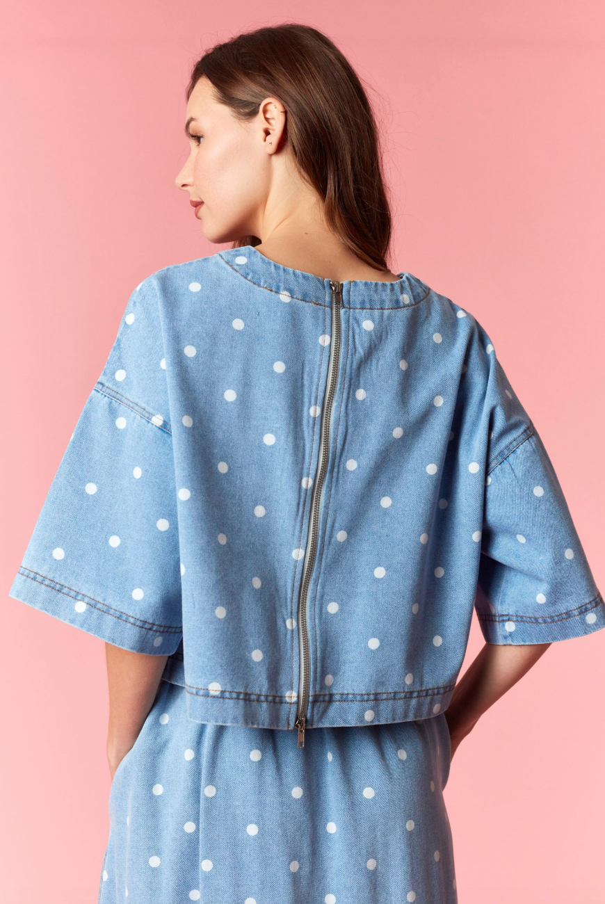 Courtney Dot Denim Boxy Crop Top