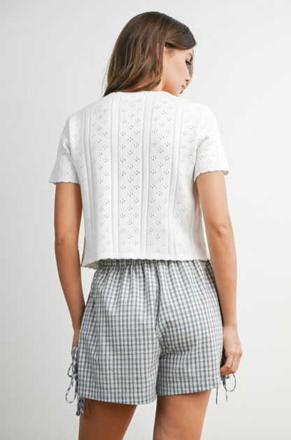 White Pointelle Tie Top