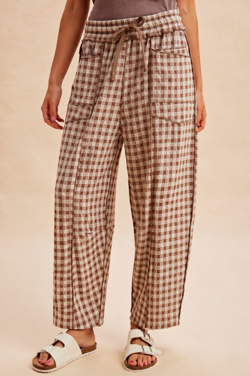 Mocha Gingham Barrel Pants