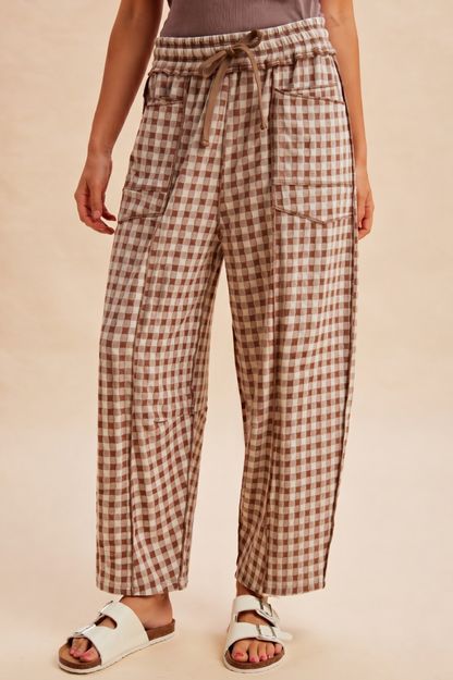Mocha Gingham Barrel Pants