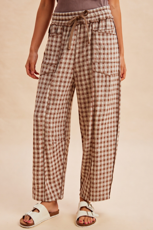 Mocha Gingham Barrel Pants