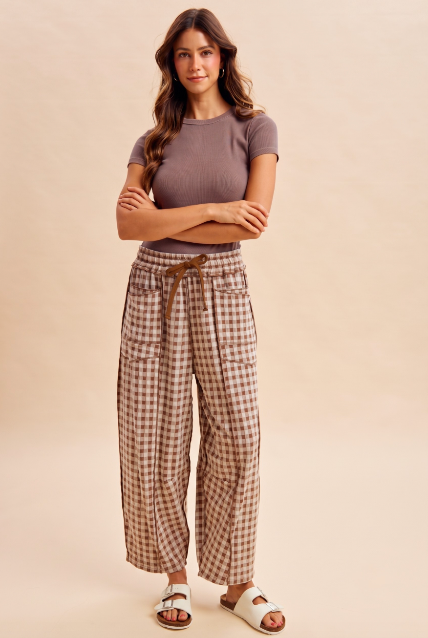 Mocha Gingham Barrel Pants