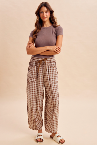Mocha Gingham Barrel Pants