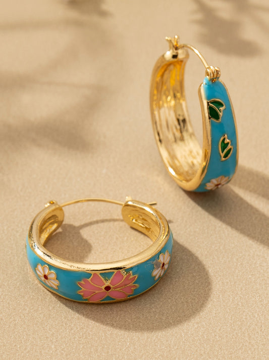 Turquoise Cloisonne Flower Hoop Earrings