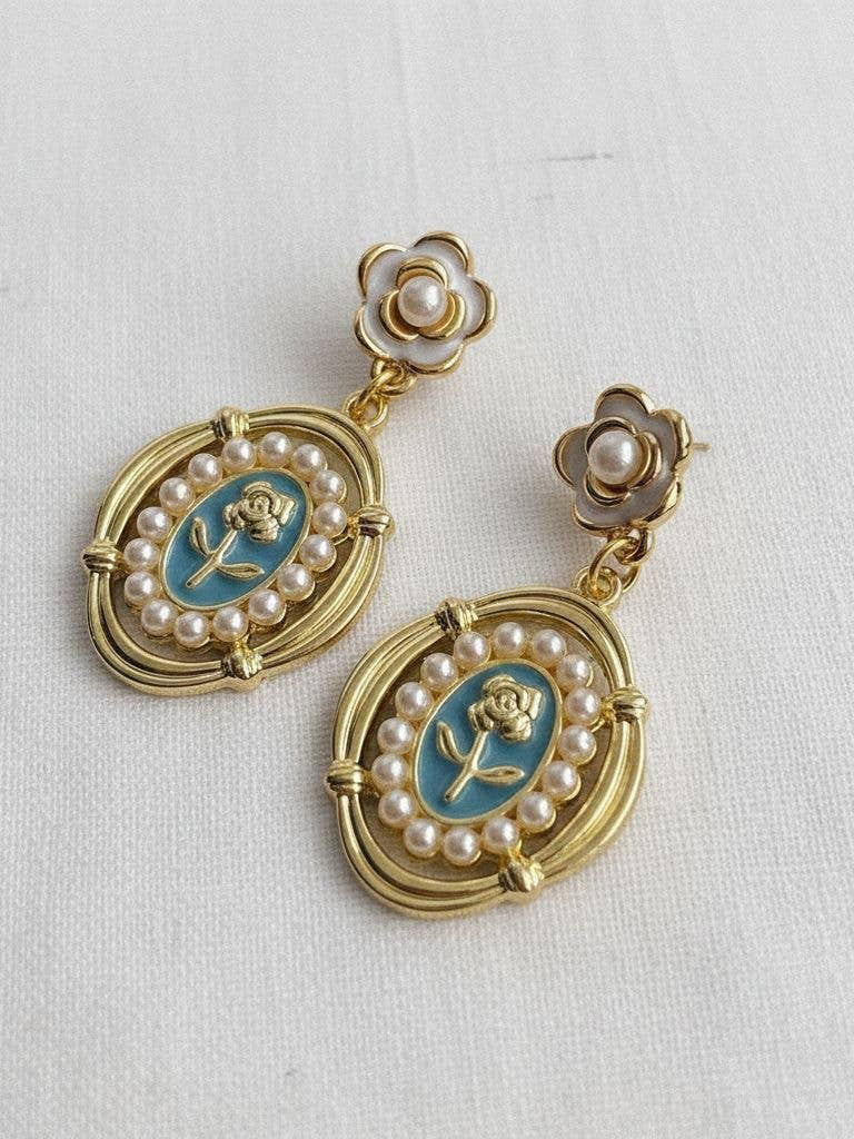 Blue Floral Pearl Earrings