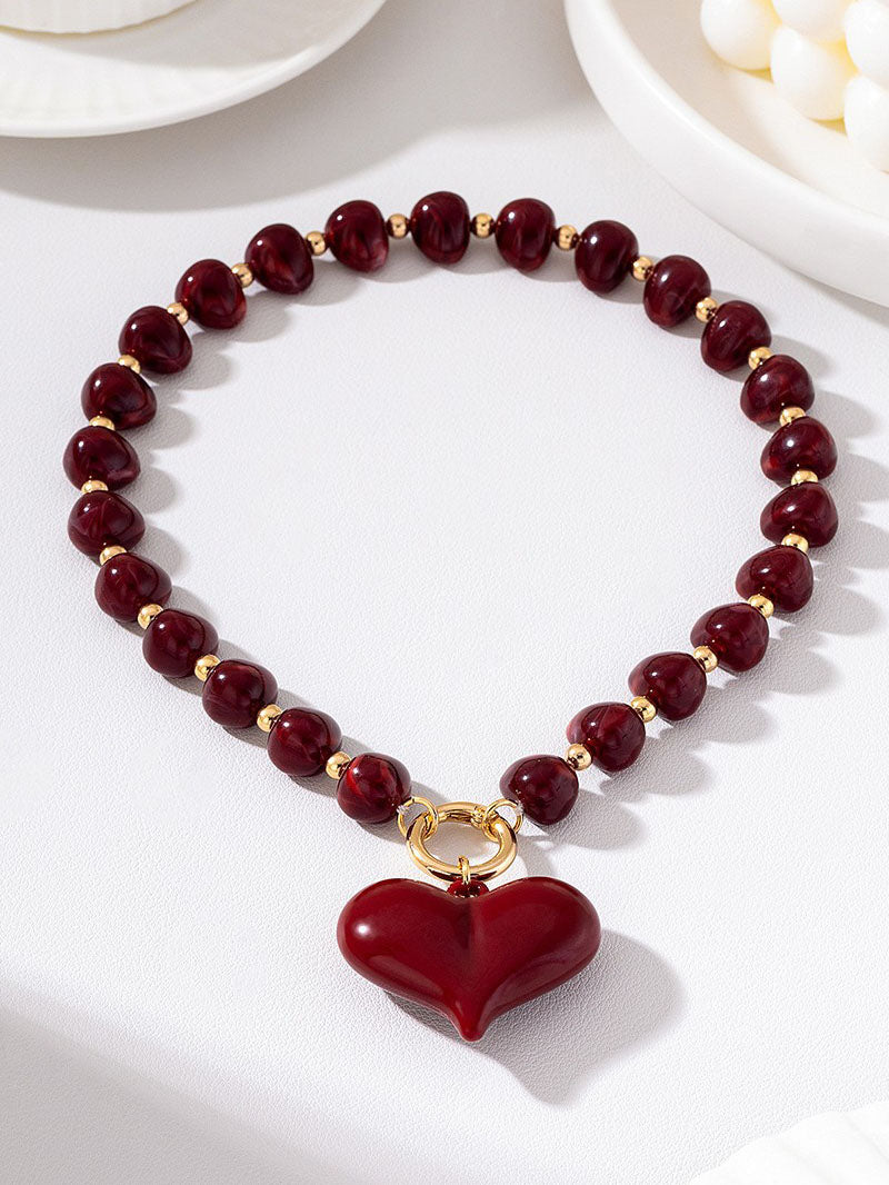 Wine Boho Heart Pendant Necklace