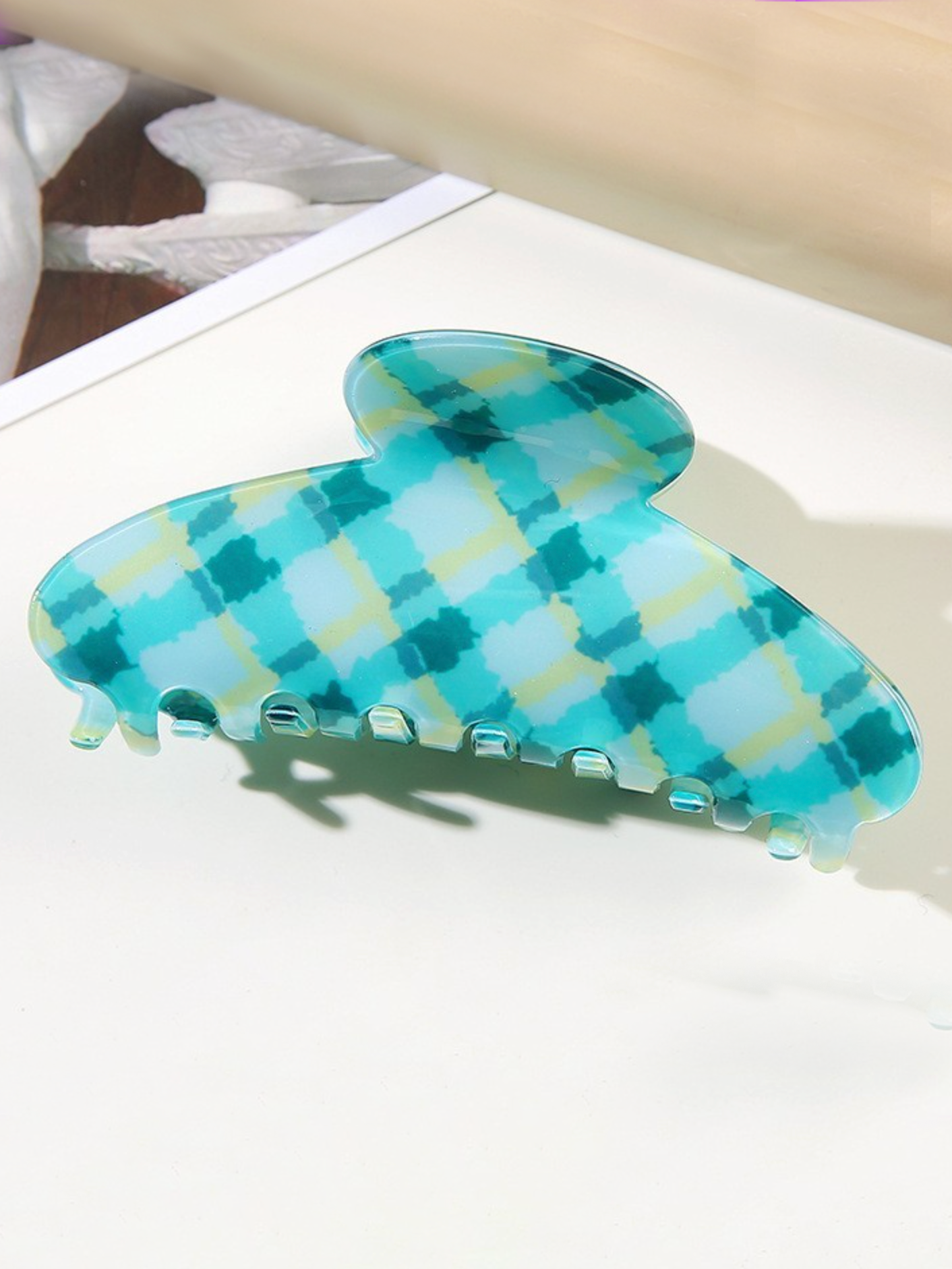 aqua plaid hair claw clip