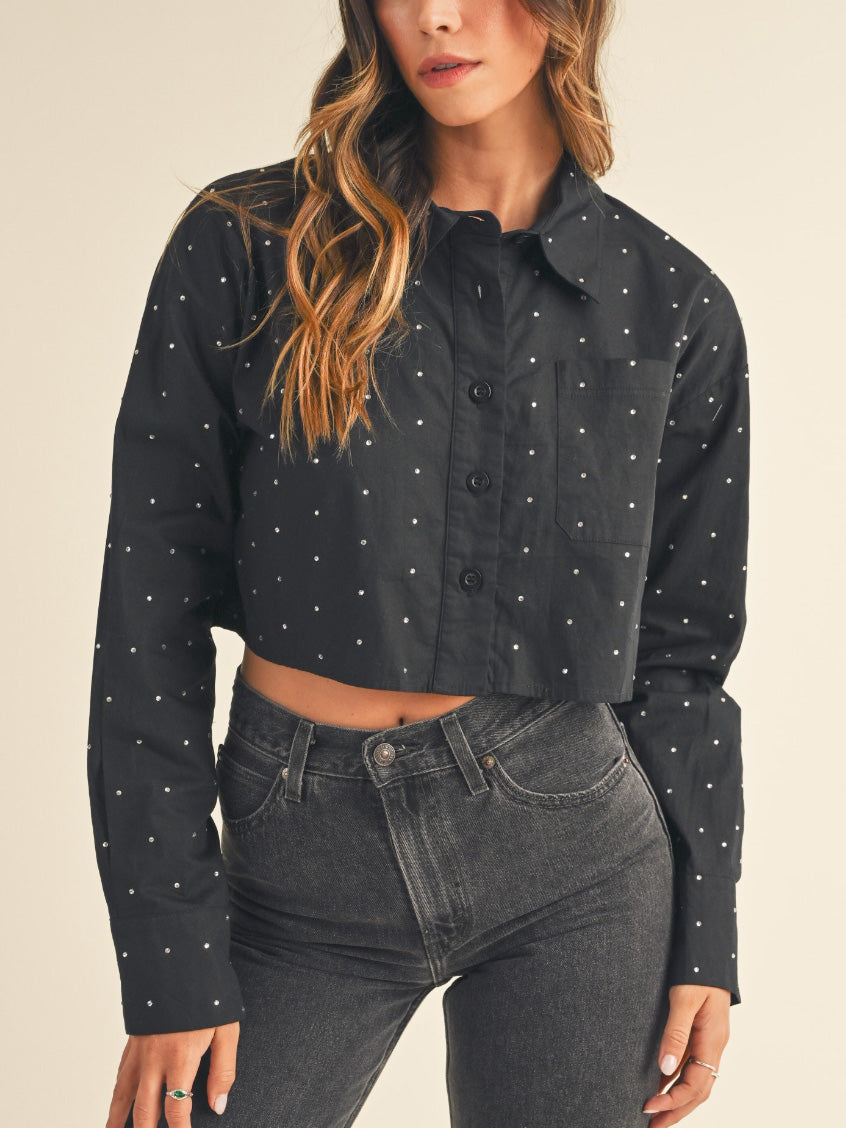 black studded cropped button down
