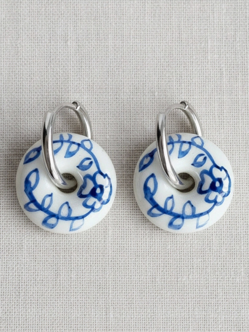 Blue Garden Hand-painted Hoop Earrings