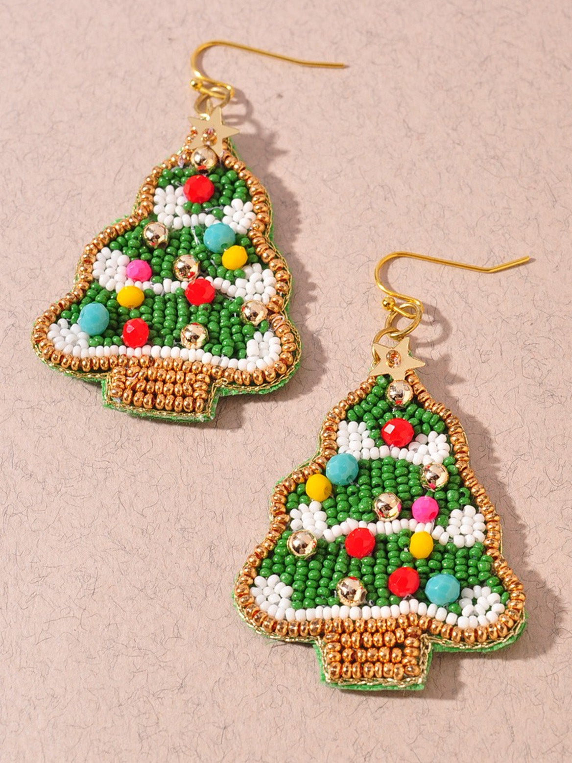 bright holiday tree beaded dangly earrings