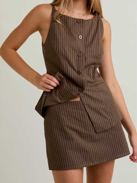 brown stripe top and skort set