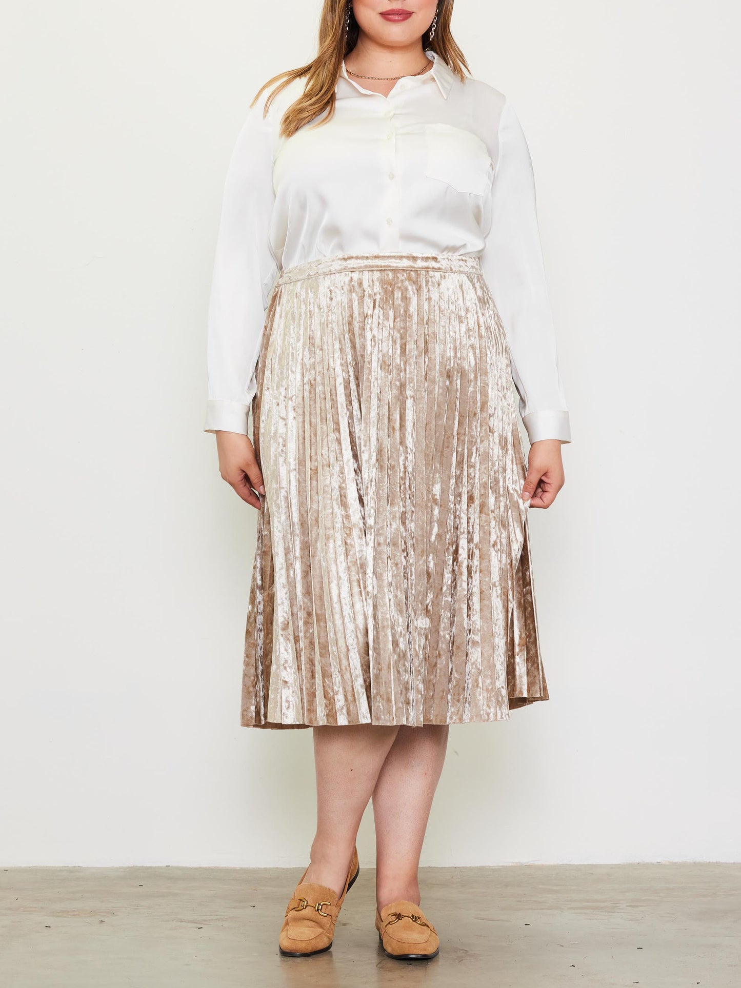 Champagne Pleated Velvet Midi Skirt