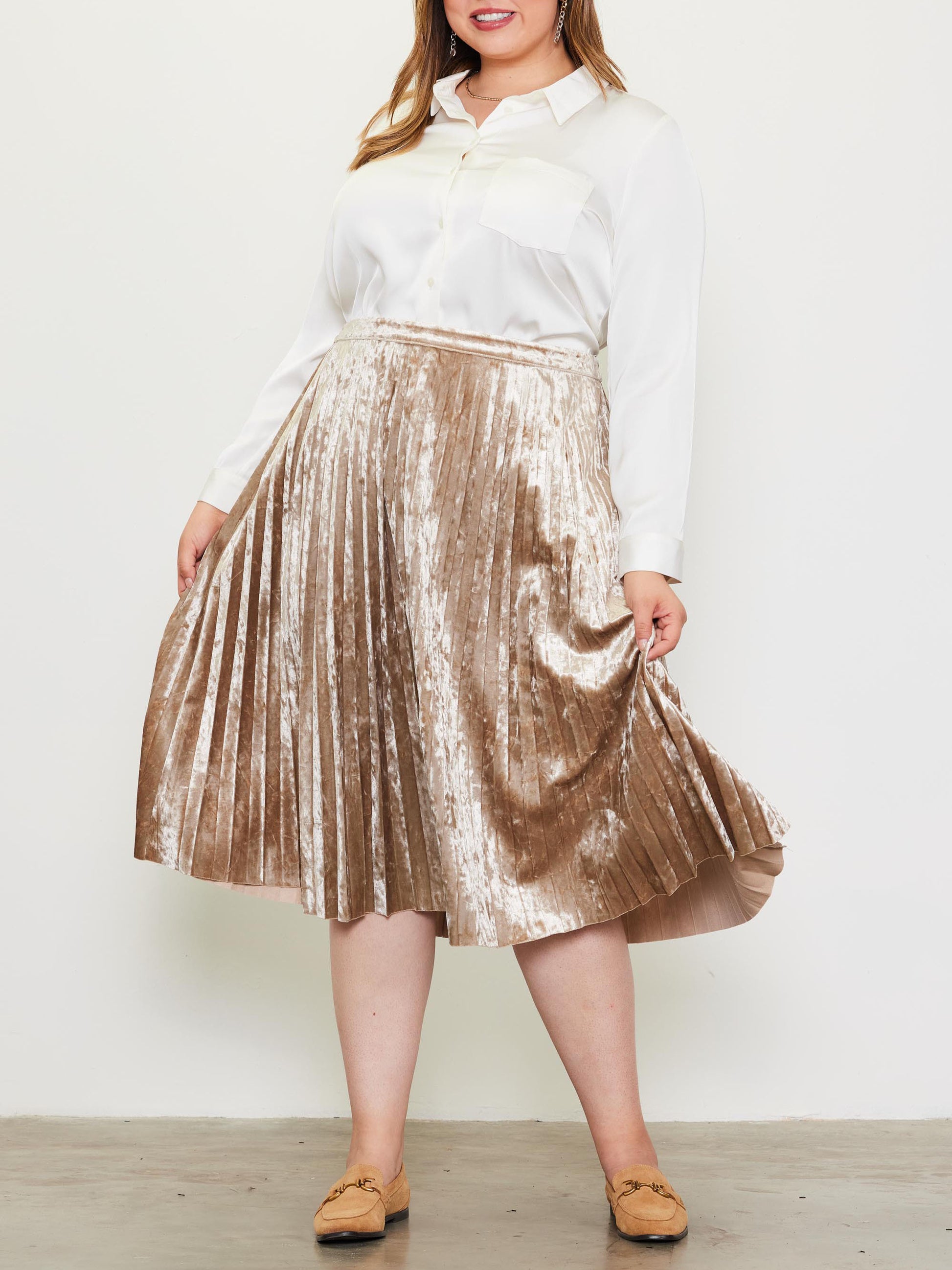 Women's Plus Size - Crushed Velvet Midi Skirt Champagne / 3X by Skies Are Blue