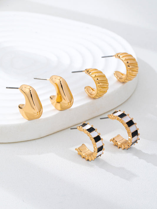 Checker Textured Huggie Hoop Earrings Trio