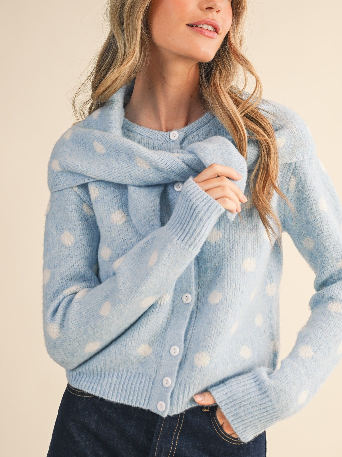 Clara Polka Dot Cardigan + Detachable Scarf