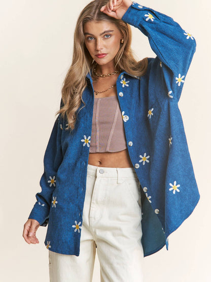 Daisy Flower Corduroy Embroidered Shacket