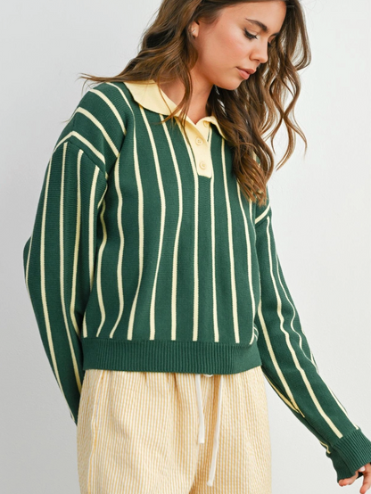 evergreen striped polo sweater