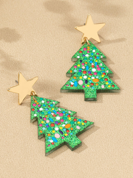 glitter holiday tree drop earrings