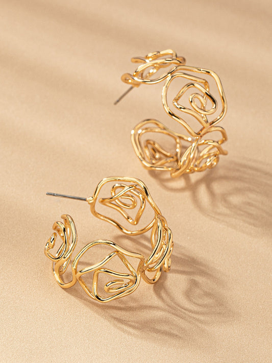 gold abstract rose hoop earrings