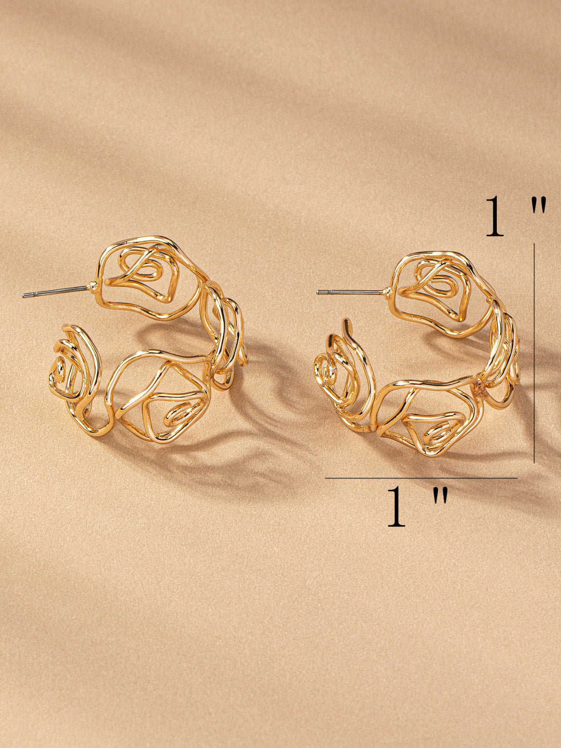 gold abstract rose hoop earrings