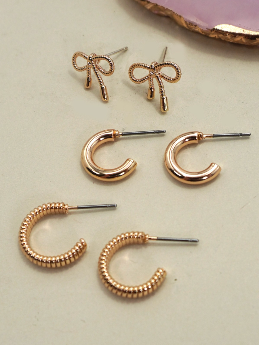 gold bow earrings set