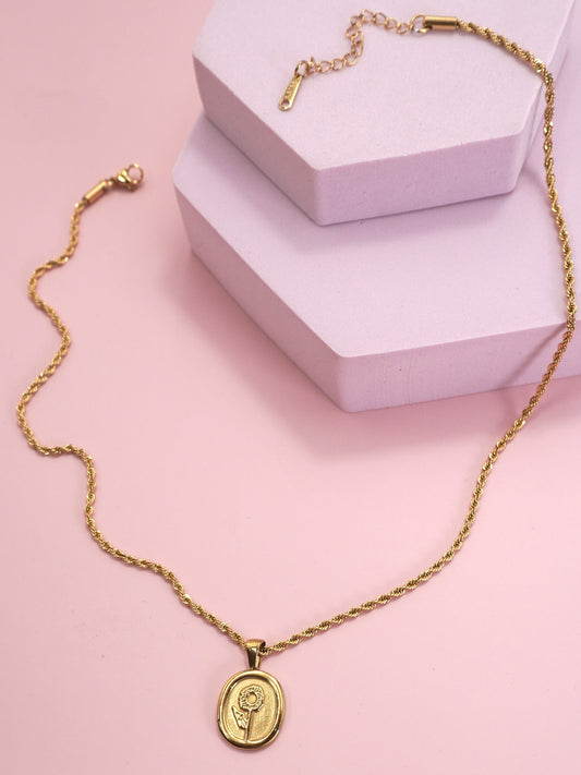 Gold Rose Pendant Twisted Chain Necklace