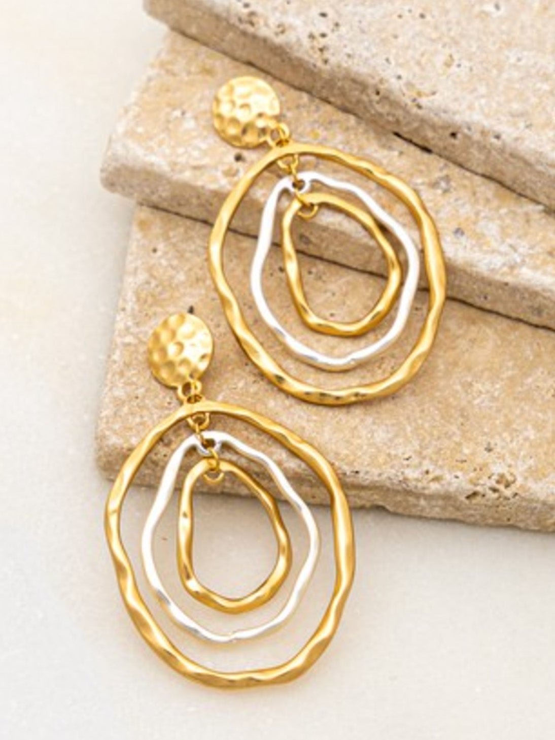 gold + silver hammered drop earrings