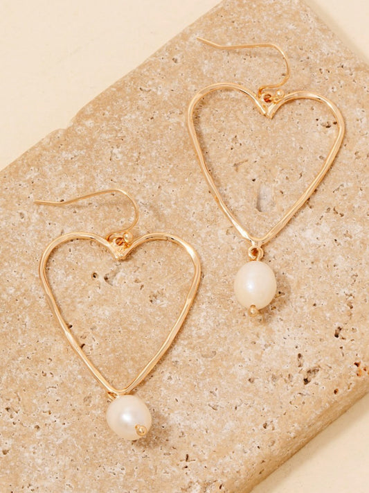 gold wire heart pearl earrings