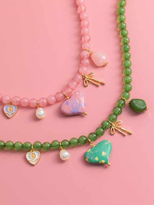 green beaded heart charm necklace