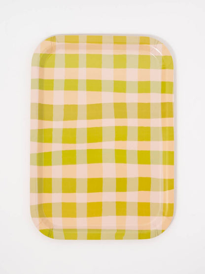 Green Gingham Bent Birch Serving Tray