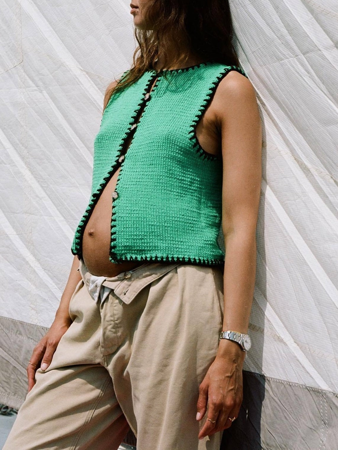 Green Mia Contrast Stitch Sweater Vest