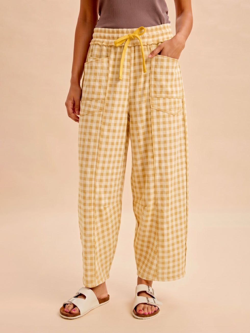 Banana Gingham Barrel Pants