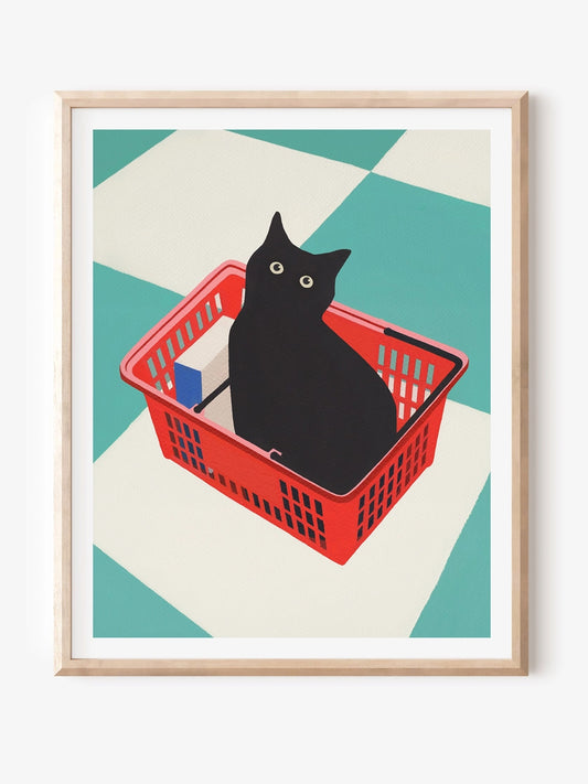 Black Cat in a Basket 8x10 Art Print