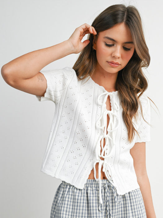 White Pointelle Tie Top