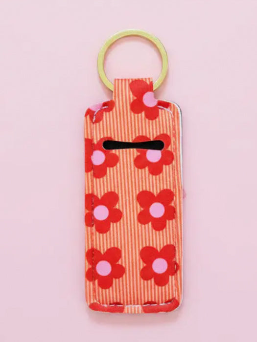 Happy Striped Floral Lip Balm Holder Keychain
