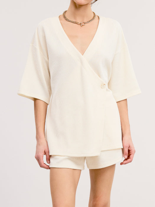Ivory Knit Tunic Wrap Top and Shorts Set