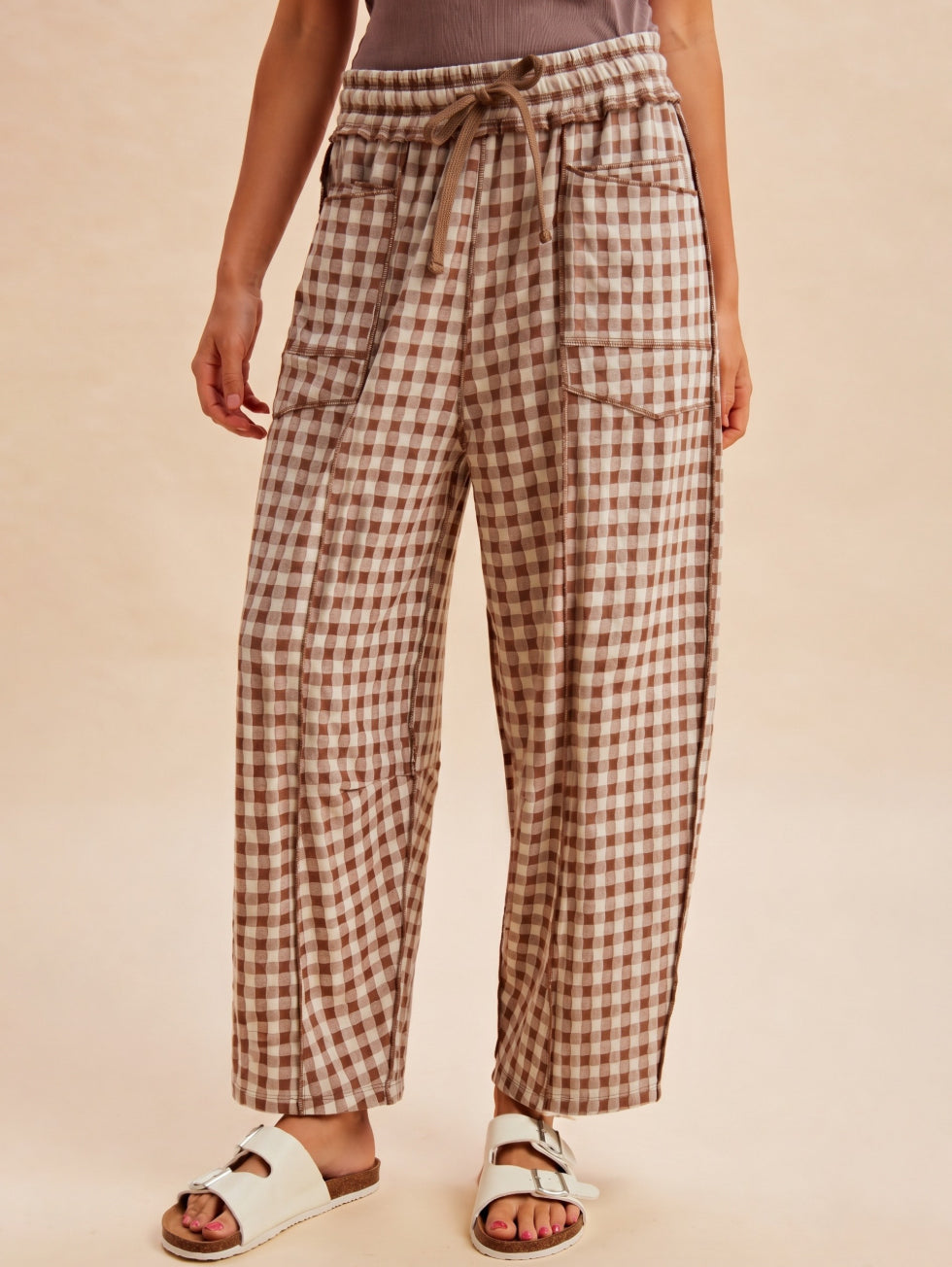 Mocha Gingham Barrel Pants