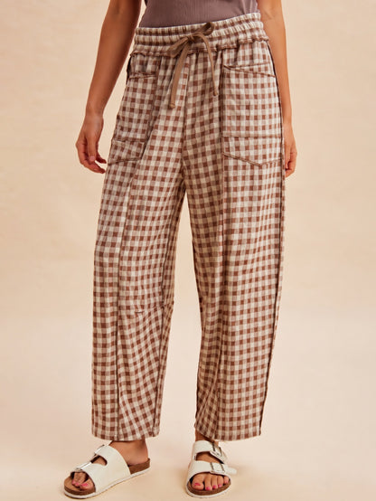 Mocha Gingham Barrel Pants