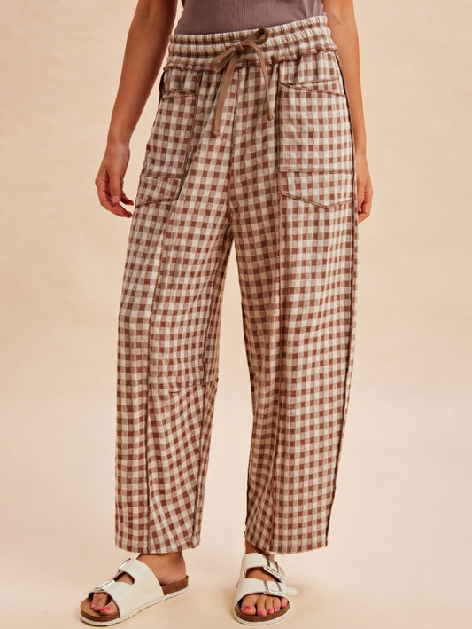 Mocha Gingham Barrel Pants