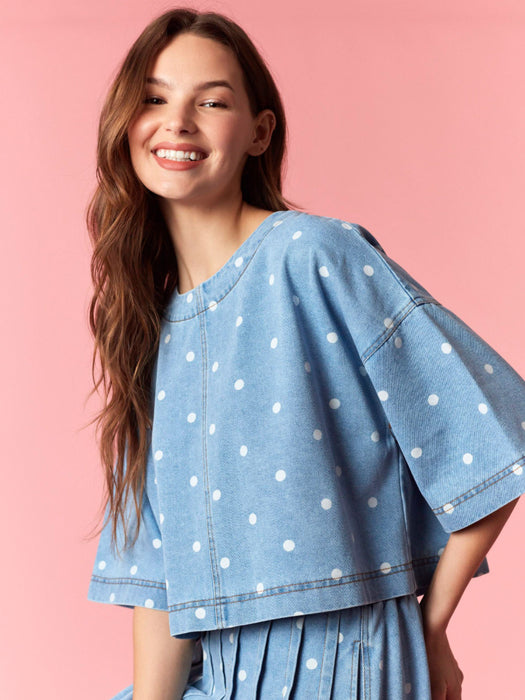 Courtney Dot Denim Boxy Crop Top