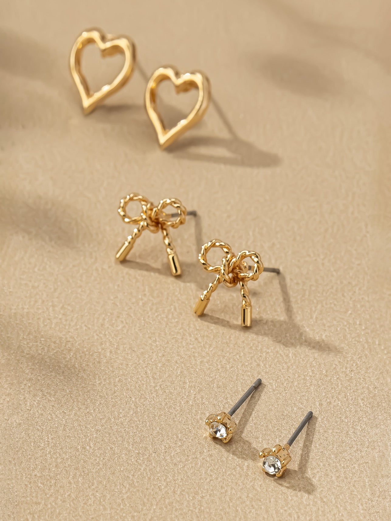 heart + bow trio earring set