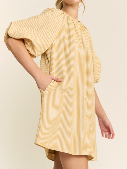 lemon striped button down mini dress