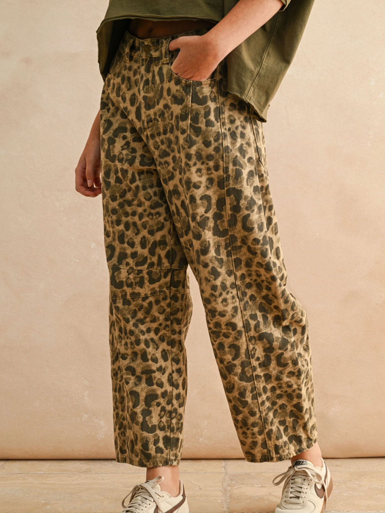leopard barrel jeans