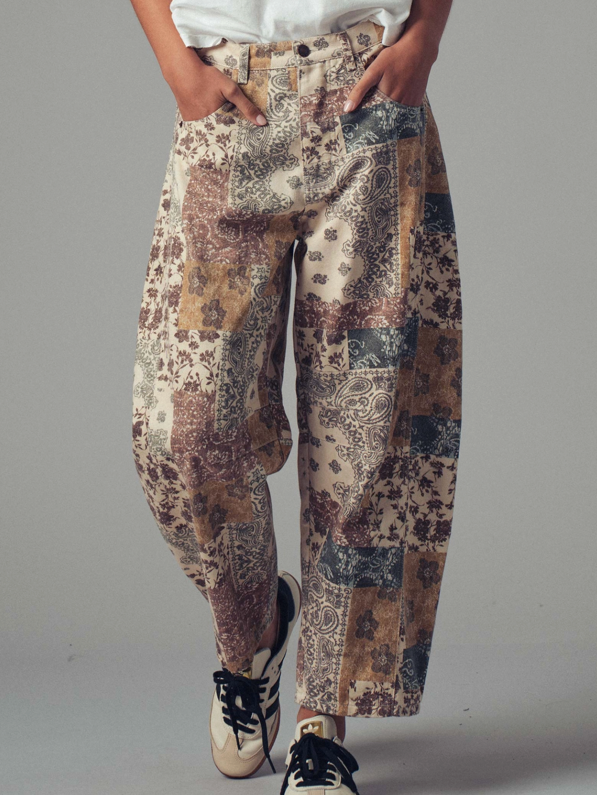 moody patchwork barrel jeans