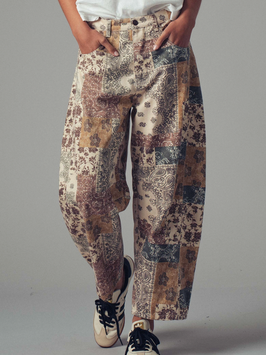 moody patchwork barrel jeans