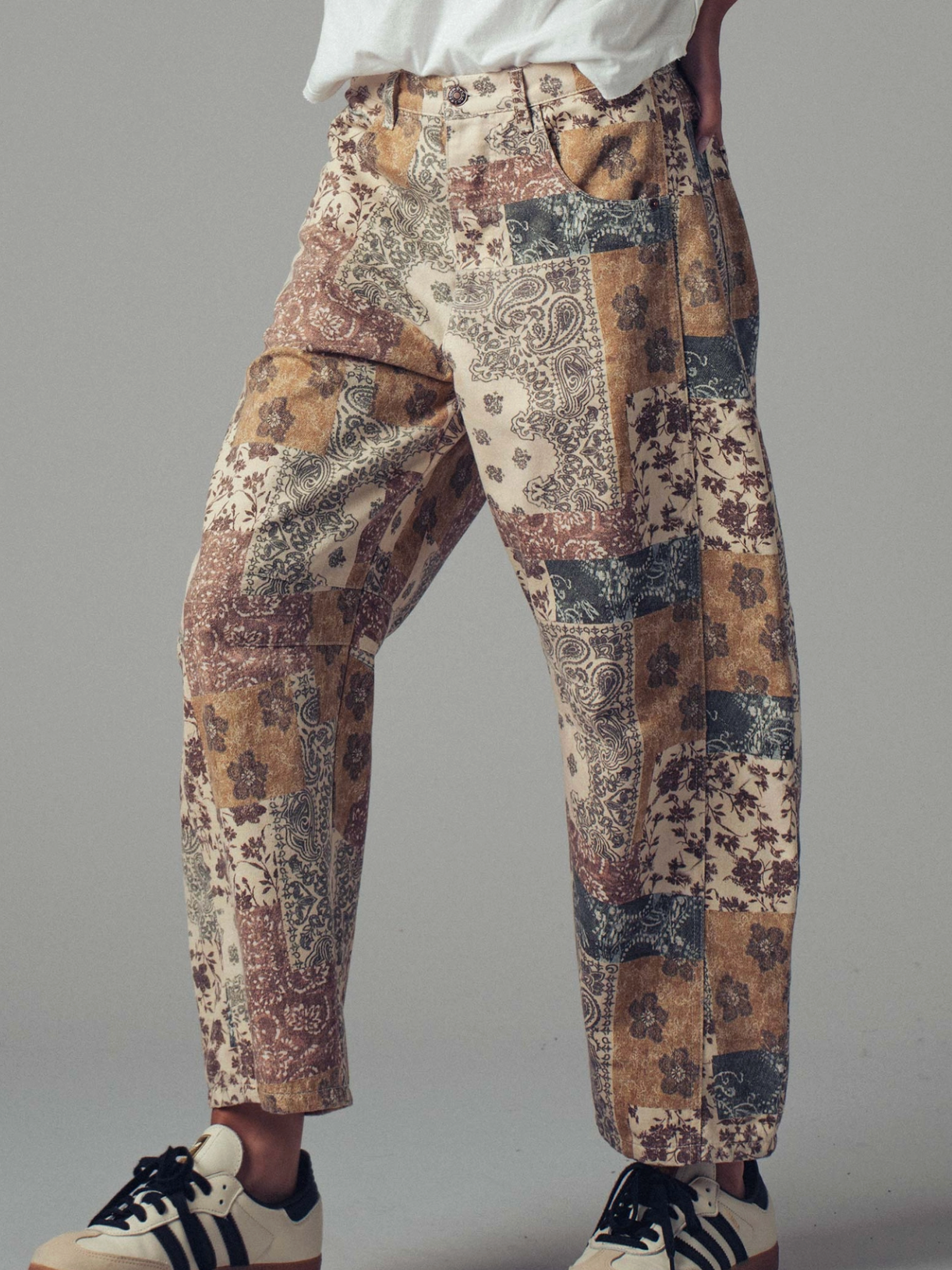 moody patchwork barrel jeans