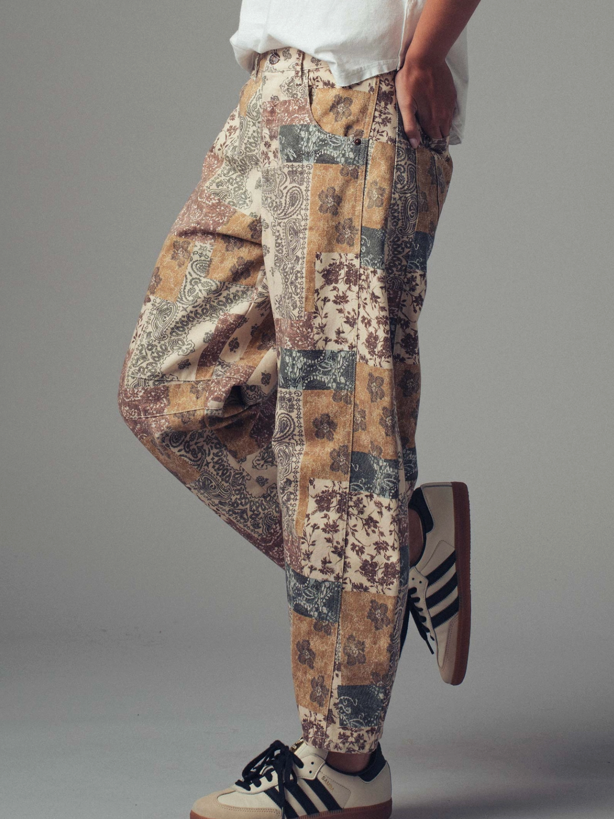 moody patchwork barrel jeans