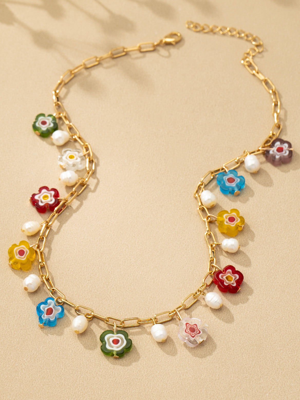 multi flower beaded gold necklace