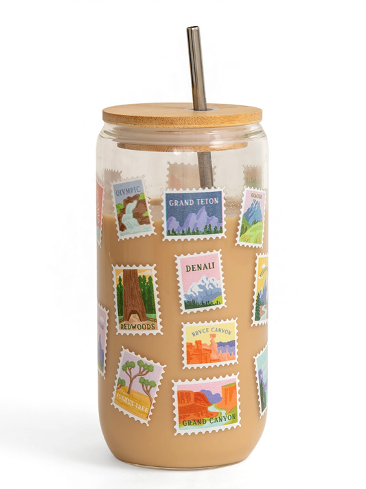 national parks postage stamps glass cup
